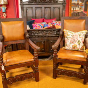 Colonial Carved Leather Armchairs